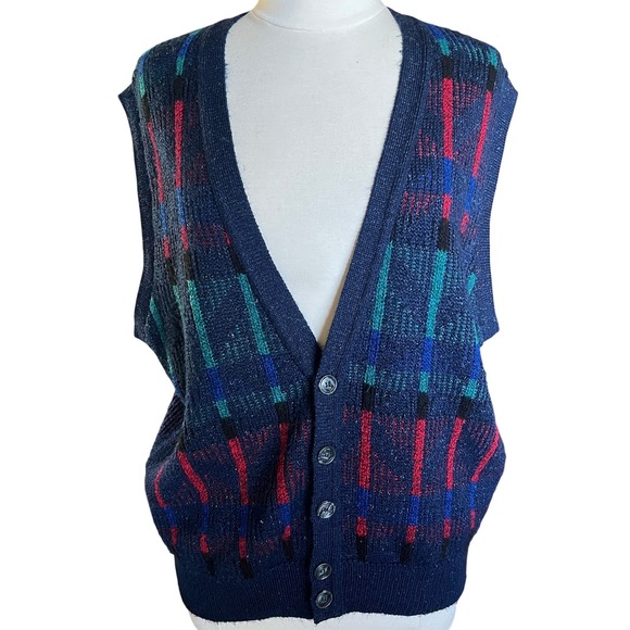 Other - Vtg Plaid Knit‎ Sweater Vest Eclectic Grandpa Preppy 90s Made in USA V-Neck